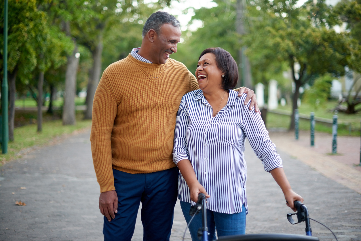 couple walking in spring time